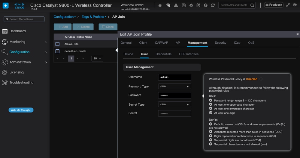 Credenziali SSH e Telnet per l'access point