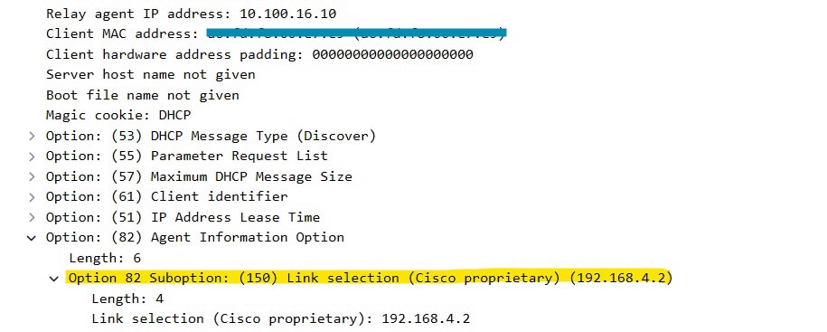 Option 182, Unteroption 150 auf WLC Packet Capture