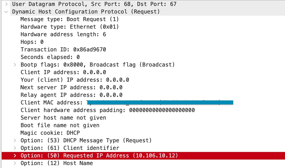 الخيار DHCP رقم 50 على التقاط حزمة WLC