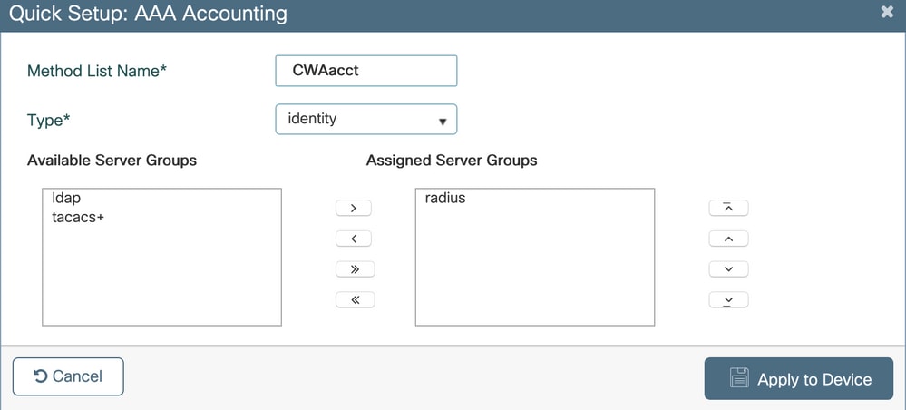 Configurazione metodo accounting AAA