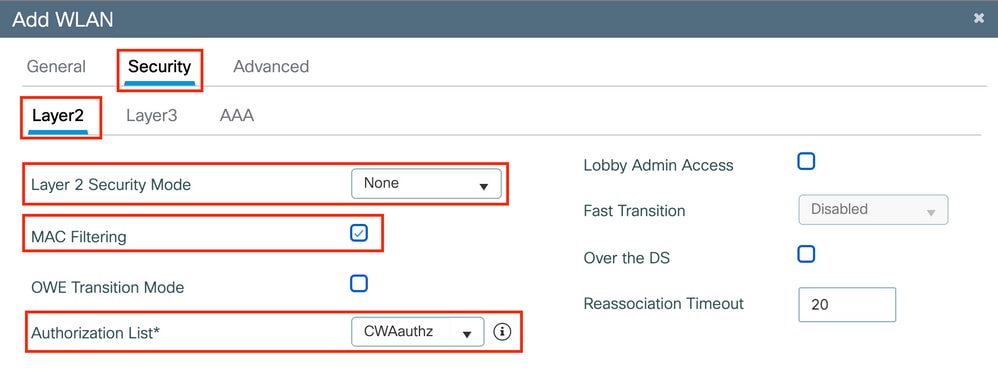 إعدادات أمان طبقة 2 WLAN