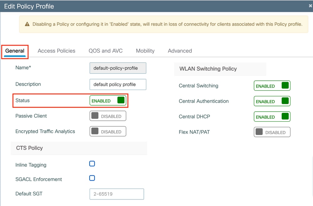 Enable WLC Policy Profile