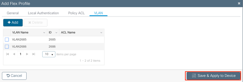 Flex プロファイルの VLAN 設定の結果