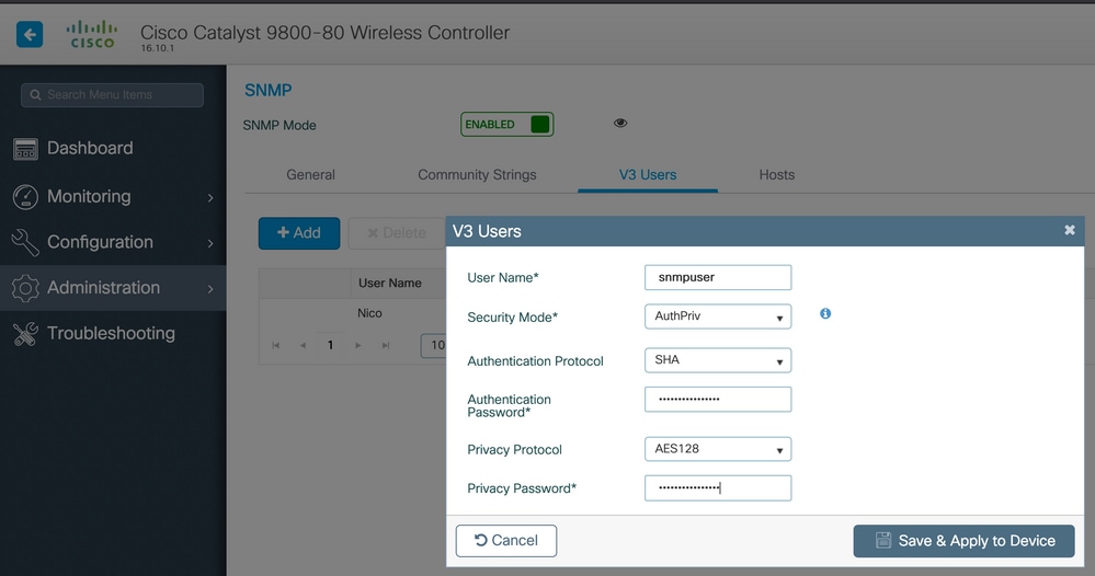 Introduzca los detalles de usuario de SNMPv3