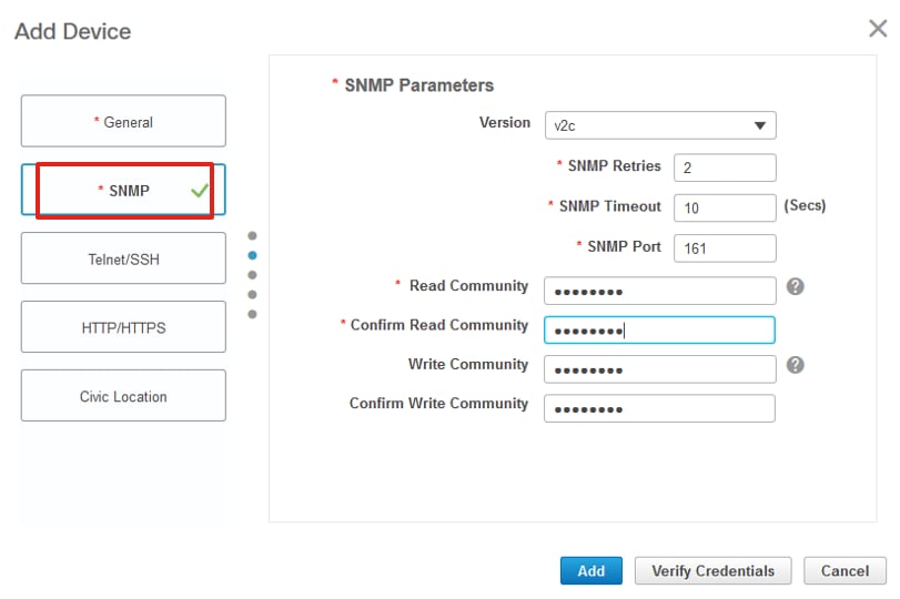 Agregar dispositivos - Configuración SNMP