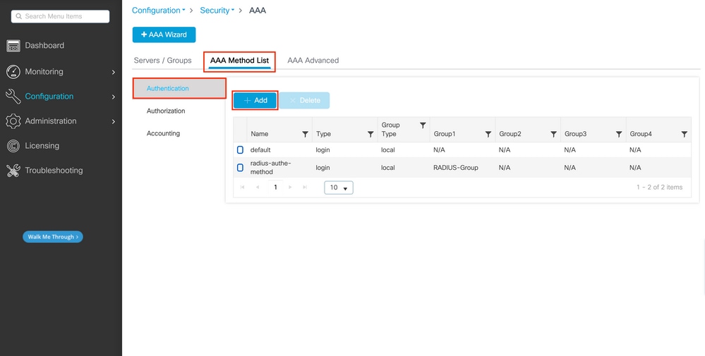 RADIUS - AAA-Methodenliste - Authentifizierung