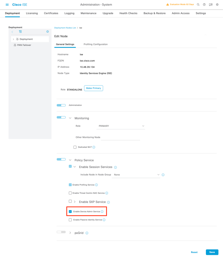 TACACS - ISE - Configuração do nó de implantação