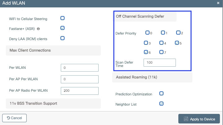 Off channel scan defer settings