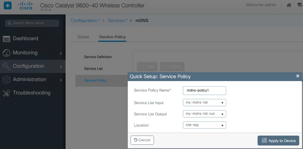 C9800 mDNS Service Policy One