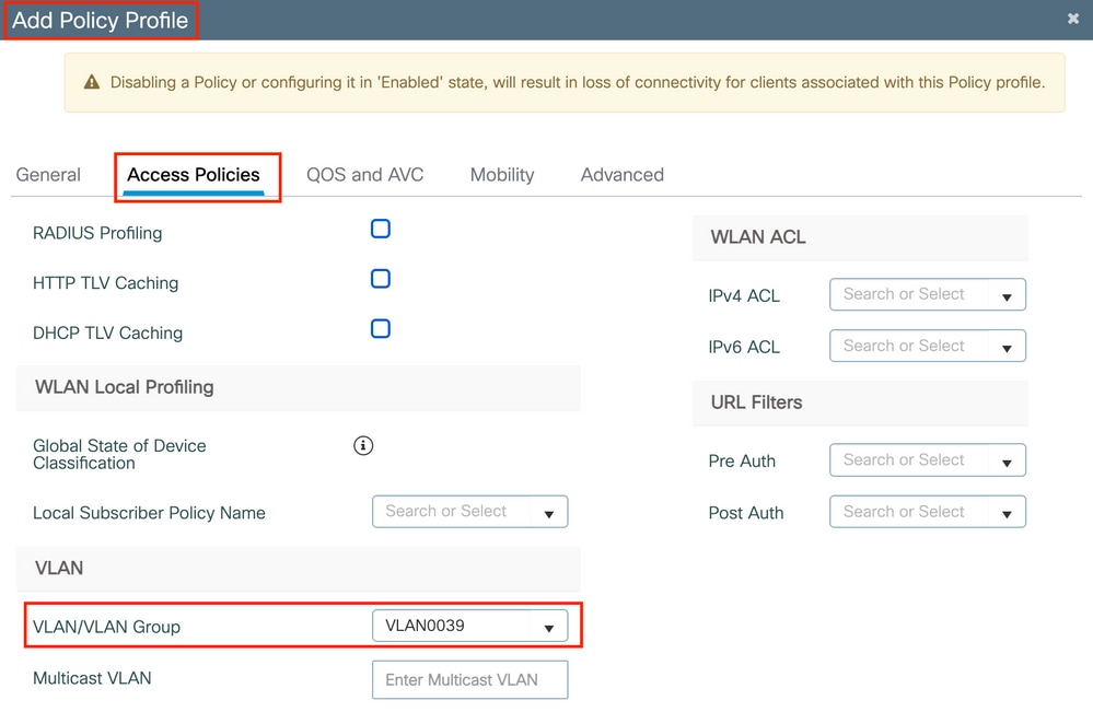 Access policies in the wireless policy profile