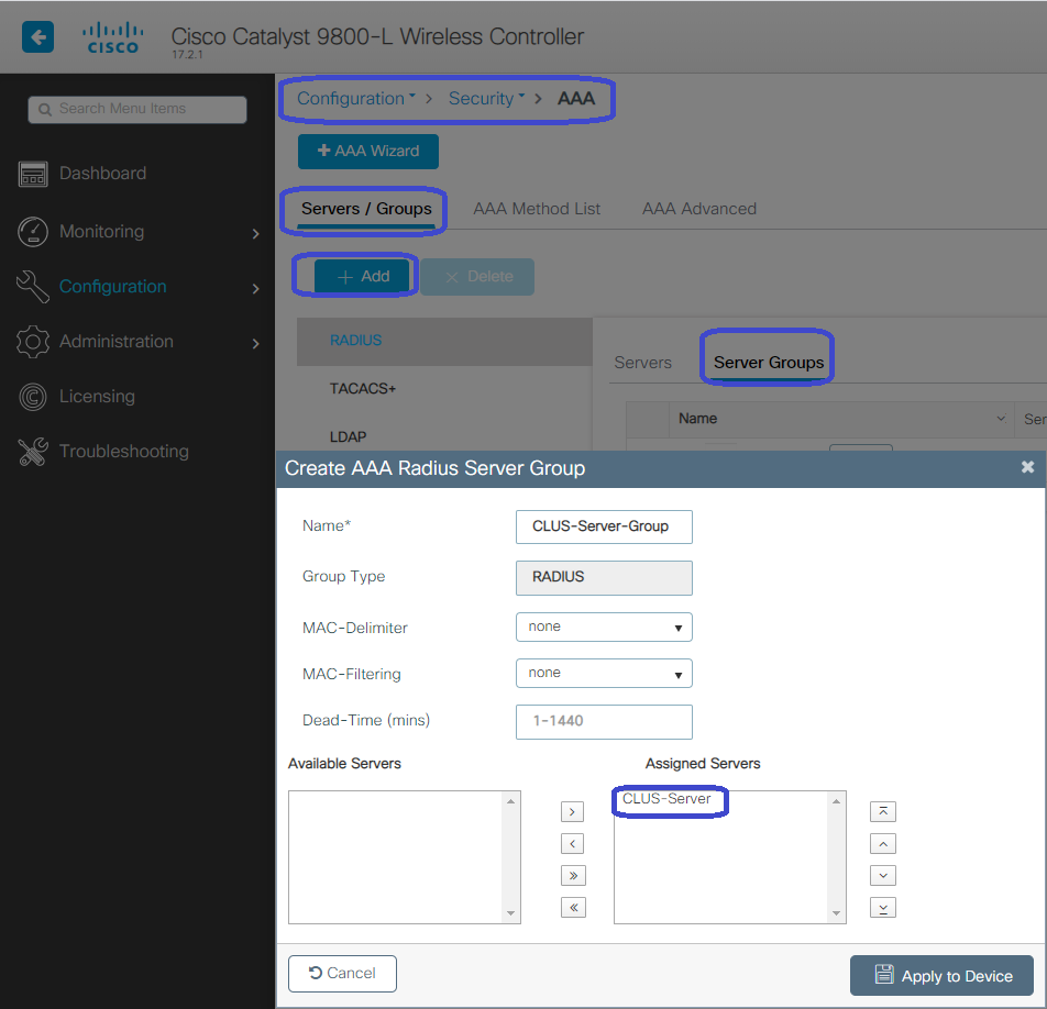 CWA - creazione gruppo server AAA radius