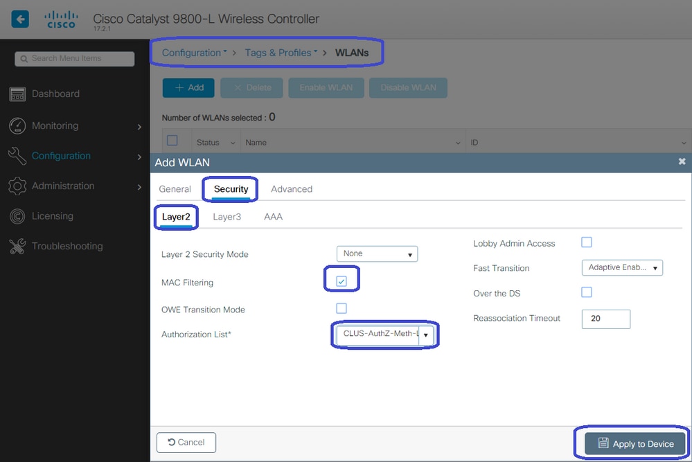 CWA - Aggiunta di una WLAN, protezione di layer 2