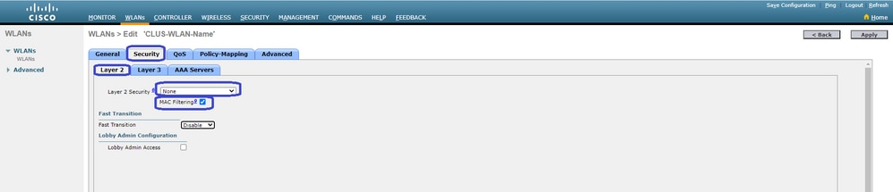 CWA:AireOSレイヤ2セキュリティ設定