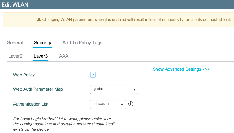 WLAN layer 3 security settings