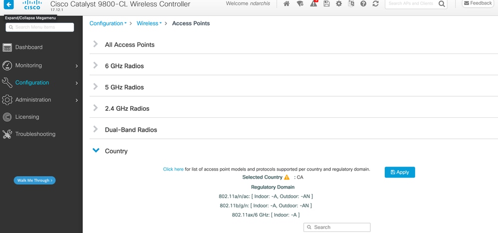 Here, the Canada Country Code Enables -A Domain on the WLC