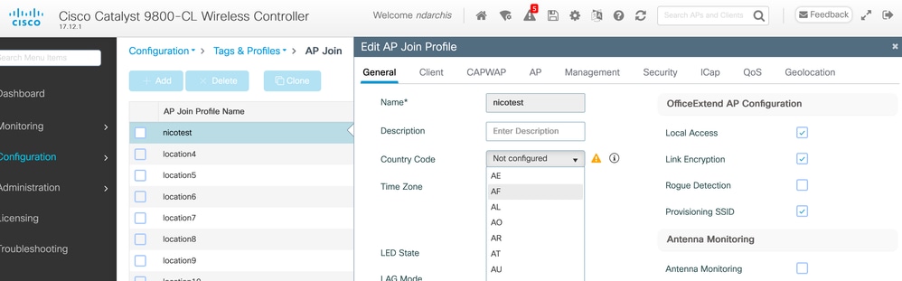 Selezionare il codice del paese corretto per gli access point in ciascun profilo di join AP