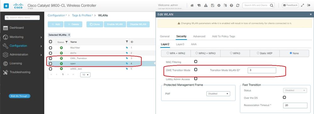 أمان WLAN المفتوح لوضع انتقال OWE