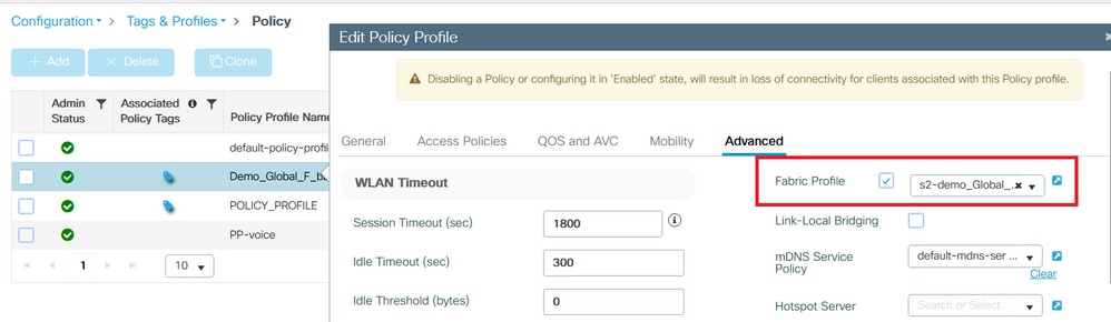 Fabric Profile configured on the Policy