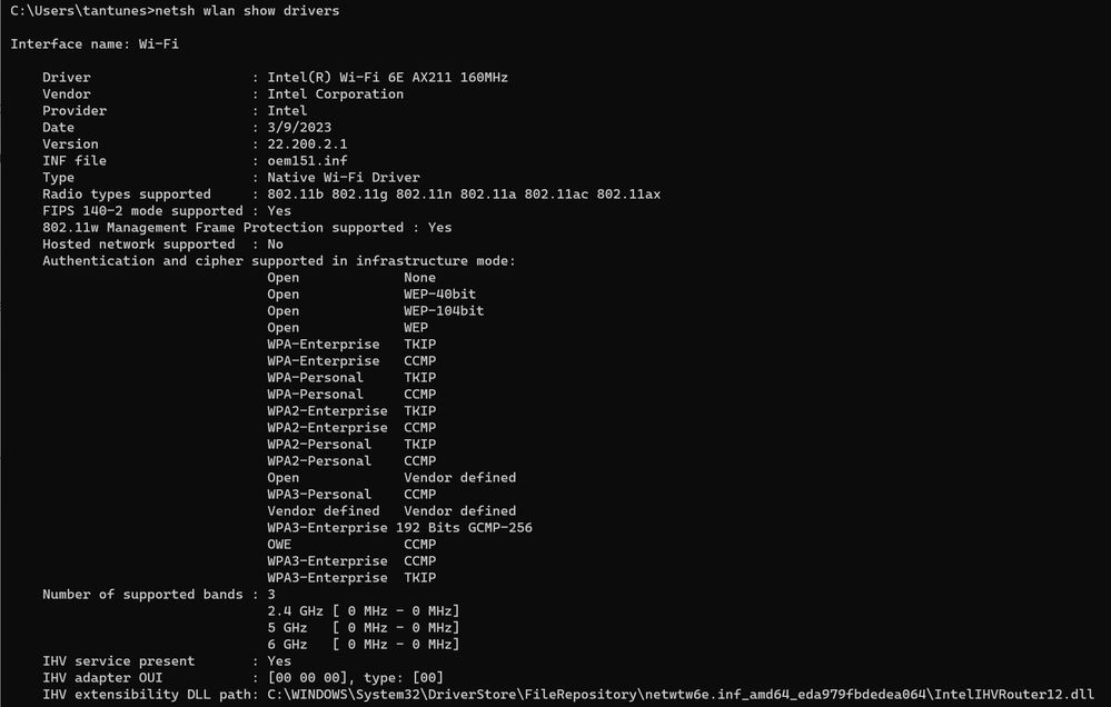 Output Windows di _netsh wlan show driver_ per il client AX211