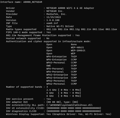 Output Windows di _netsh wlan show driver_ per il client Netgear A8000s