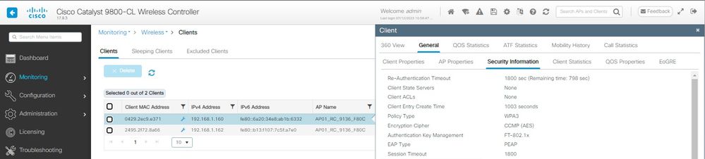 WPA3 Enterprise 802.1x-SHA256 + FT S23クライアントのプロパティ