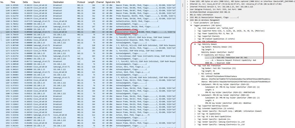 WPA3 Enterprise 802.1x-SHA256 + pacchetti FToDS roaming S23