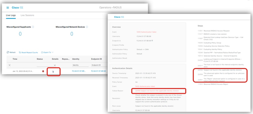 ISE Live logs showing mac filtering authentication result