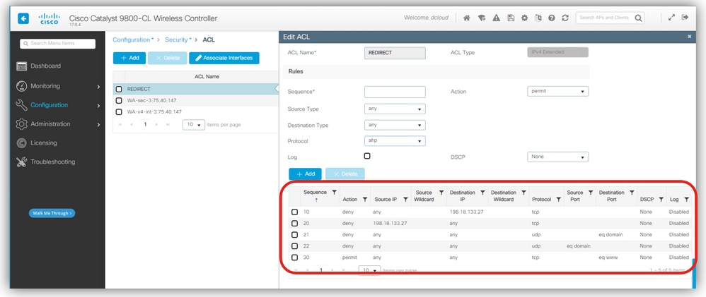 Redirect ACL contents in the WLC
