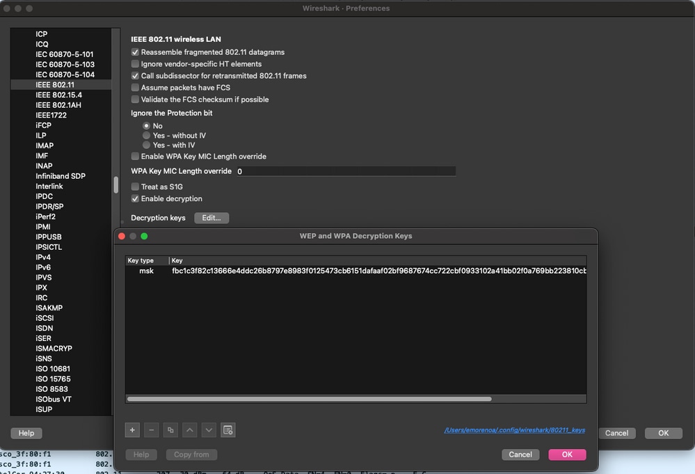 Clave de descifrado agregada a las preferencias de Wireshark.