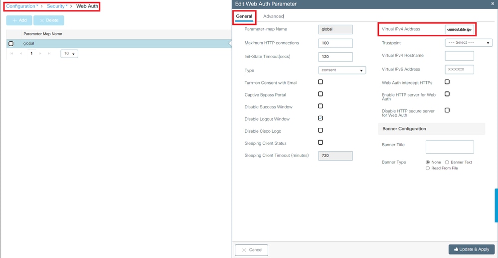 Virtual IP Address on Global Parameter Map Set to an Unroutable IP Address