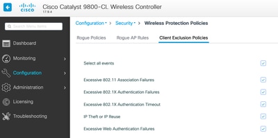 9800 GUI showing Client exclusion policies