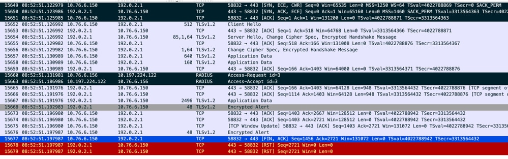 تدفق TCP مع حزمة RADIUS