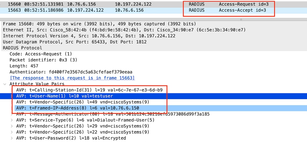 Radius-Paket wird mit Benutzeranmeldeinformationen an die ISE gesendet