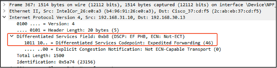 带DSCP 46标记的有线PC发送数据包