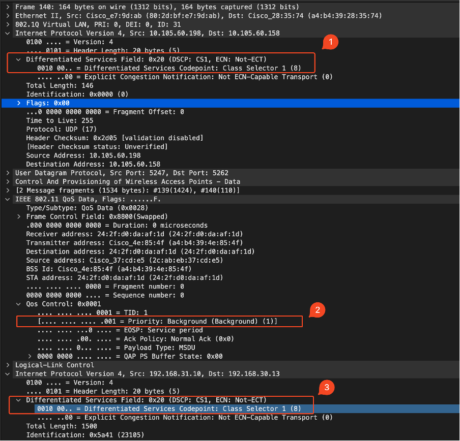 WLC EPC Showing CS1 Tag in CAPWAP Traffic