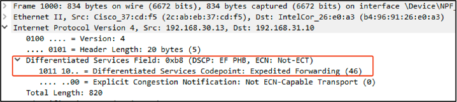 有线PC收到具有DSCP 46的数据包