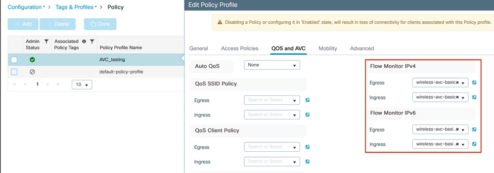 Configurazione Di Flow Monitor Nel Profilo Dei Criteri