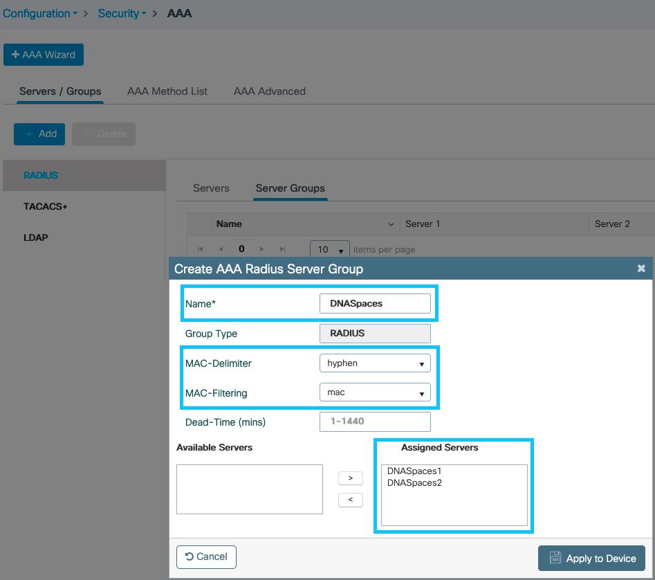 Create AAA Radius Server Group