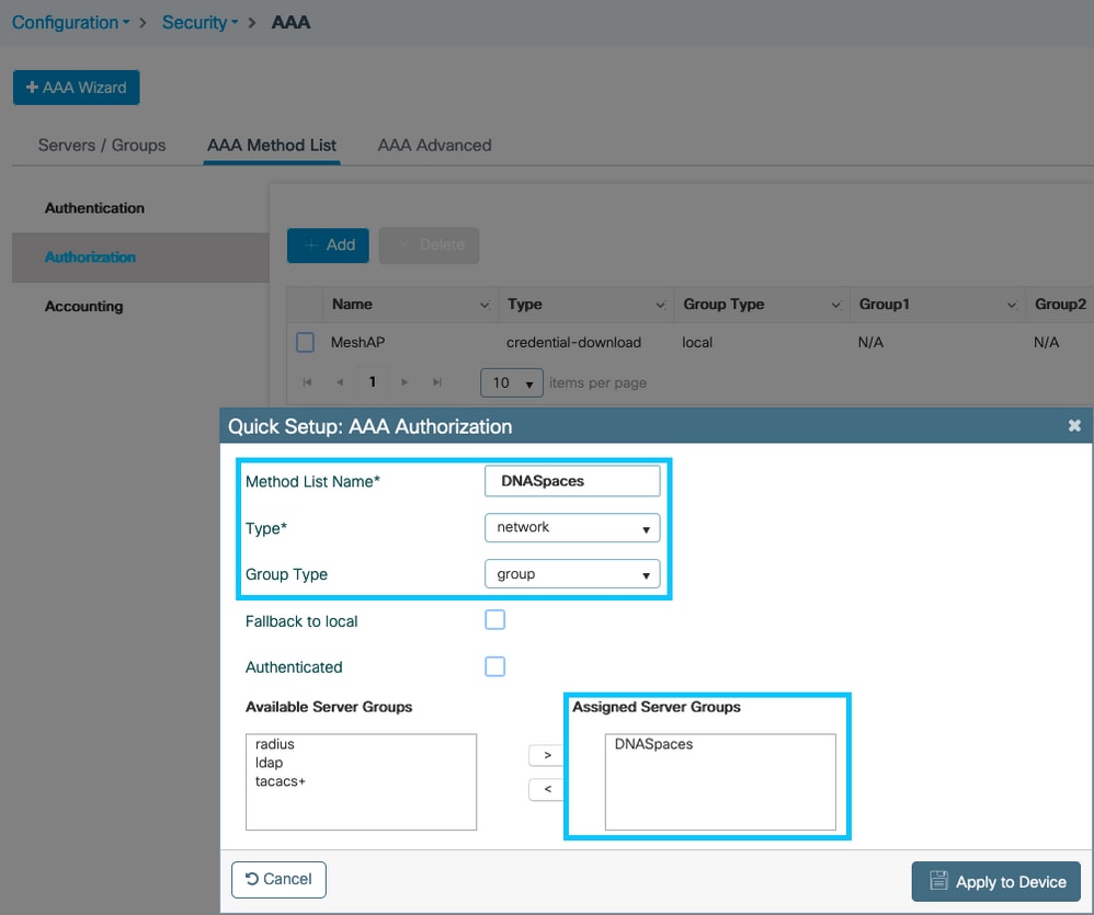 AAA Authorization Method Configuration