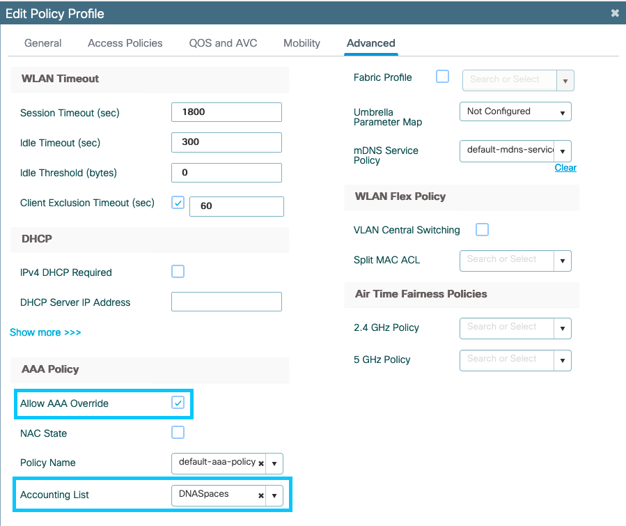 Edit Policy Profile - AAA Settings