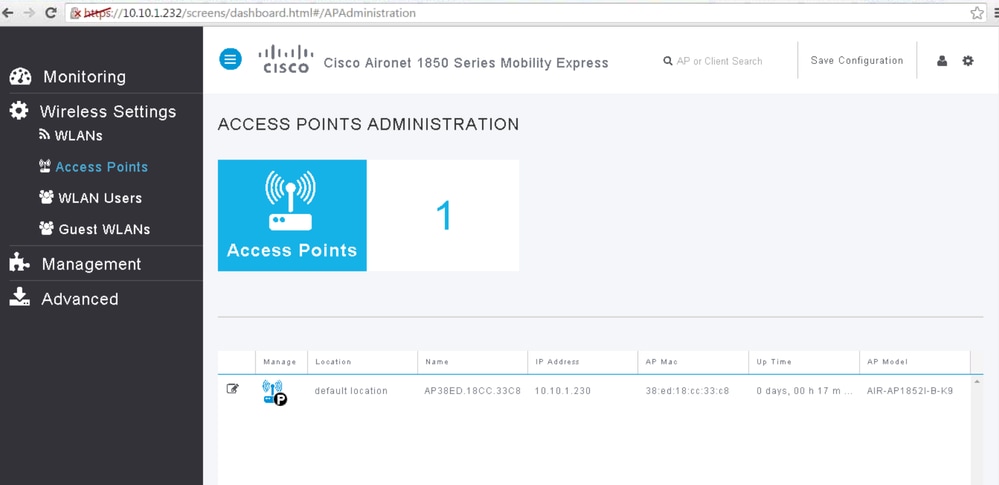 Conversione di un CAPWAP 1852 AP in Mobility Express - Assegnazione dell'indirizzo IP di gestione di Mobility Express