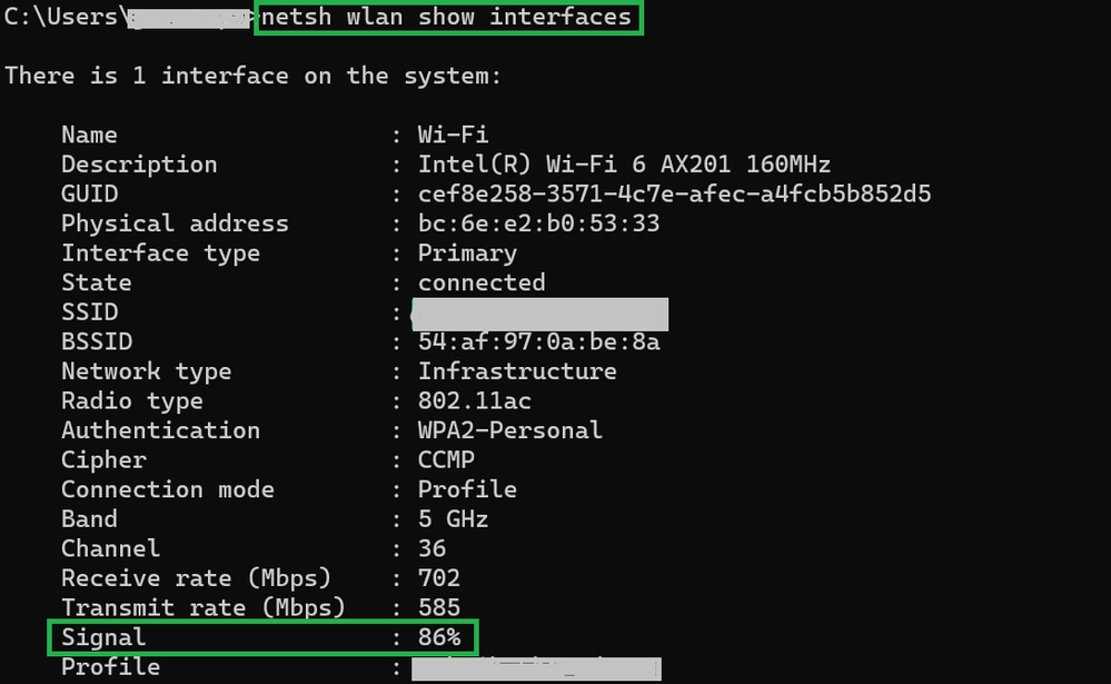 Commande permettant de vérifier la puissance du signal sur un PC Windows