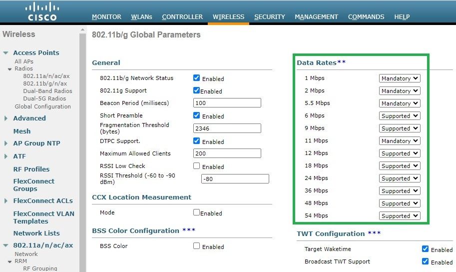 Velocidades de transmisión de datos predeterminadas en radio de 2,4 GHz