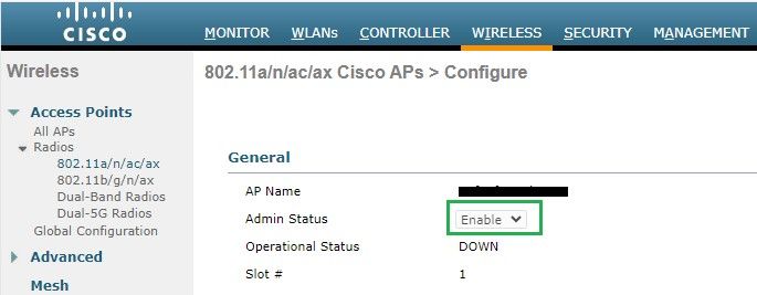 Admin-Status des Access Points bei Radio 802.11a