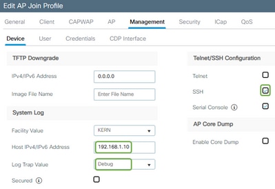 GUI 9800 - Editar perfil de ingresso no AP - atualizar configurações de syslog