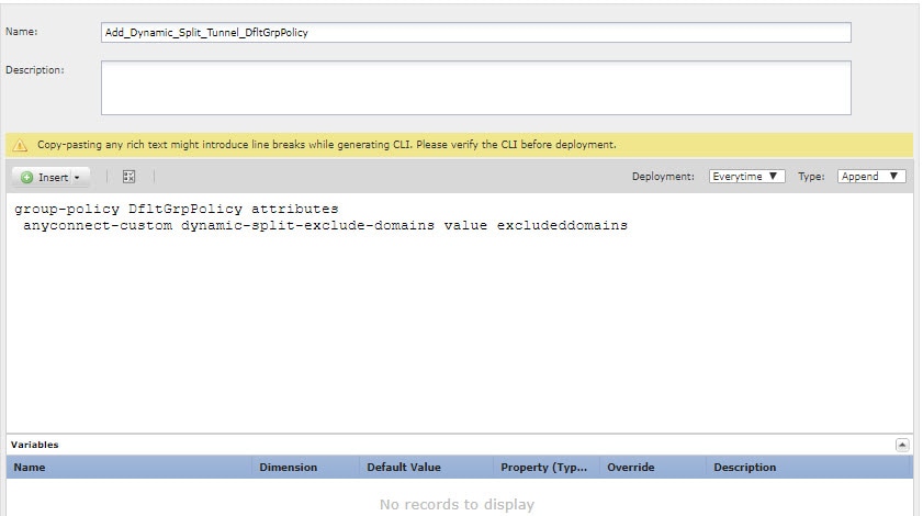 ダイナミック スプリット トンネリングを DfltGrpPolicy に追加する FlexConfig オブジェクト