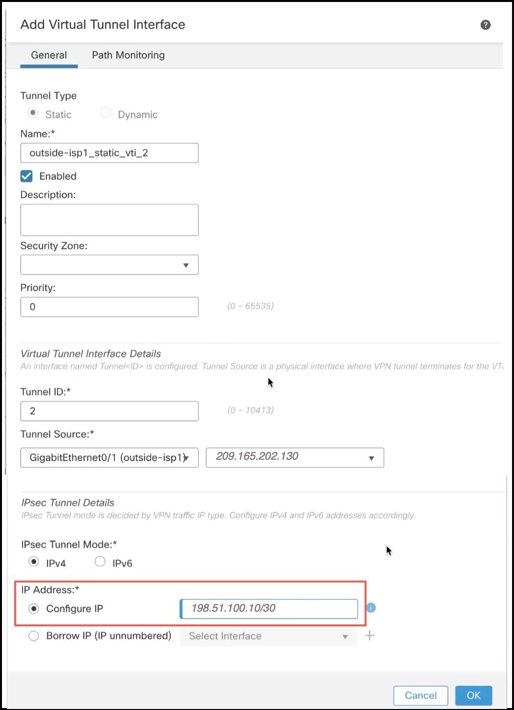 Create Static VTI for a Threat Defense Device Using Management Center