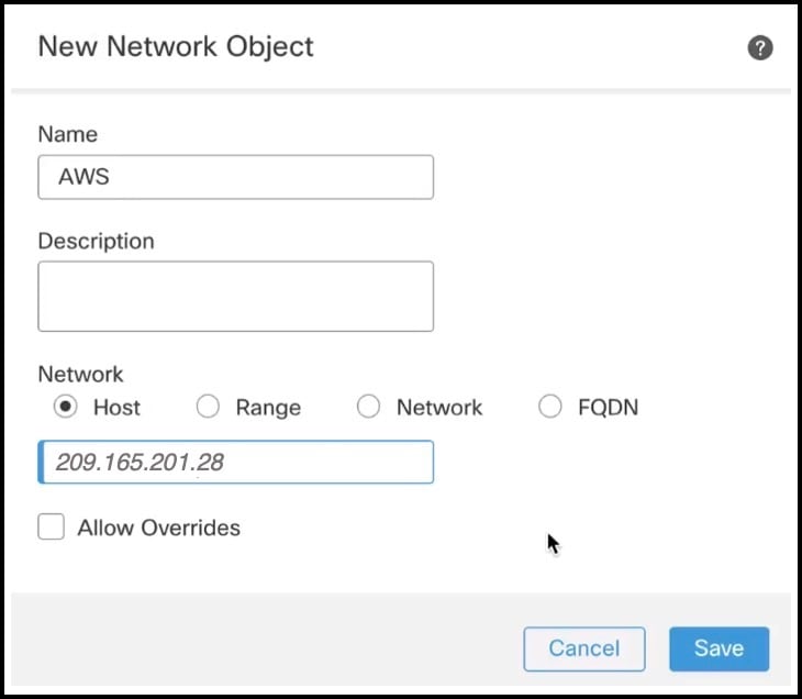 New Network Object for Configuring a Static Route to the AWS VPC