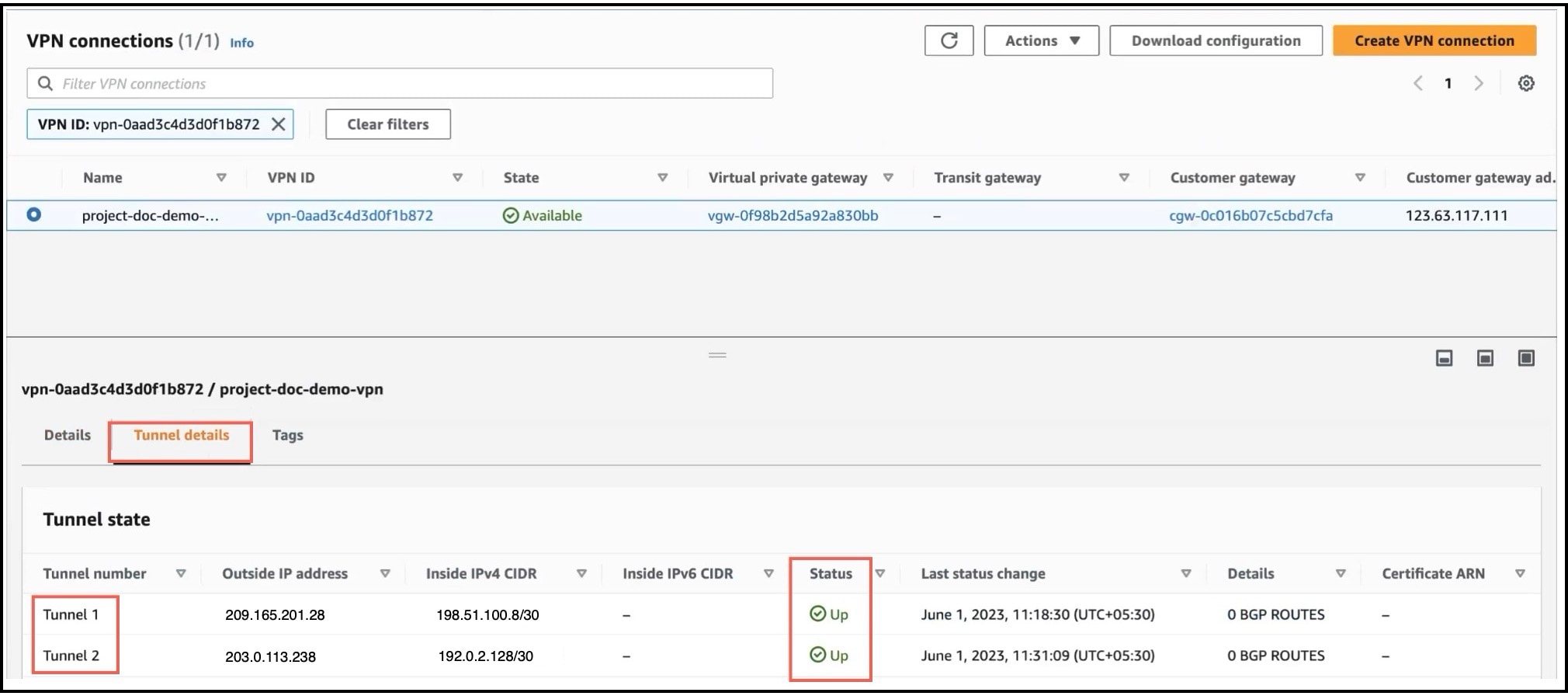 VPN Tunnel Statuses in AWS