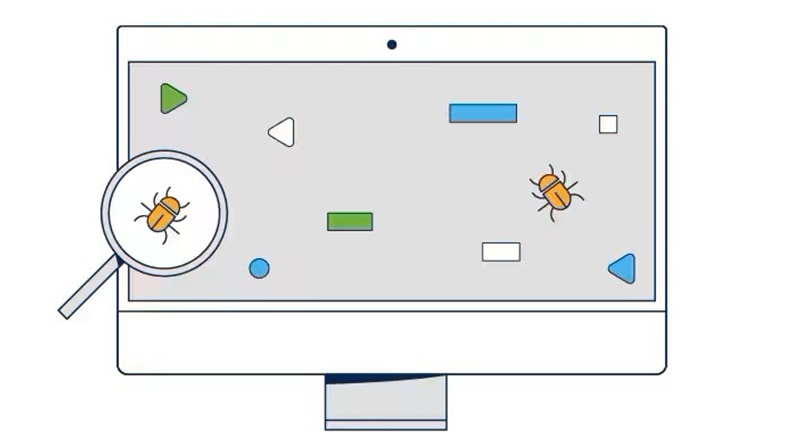 Illustration representing malware with a laptop, magnifying glass and bugs